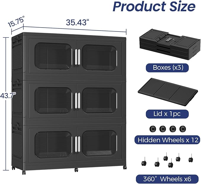 150Gal Extra Large Stackable Storage Bins with Lid & Wheels & Doors, 200QT/50GAL 3-Tiers Collapsible Closet Organizers Plastic Containers Drawers Boxes for Home Kitchen Bedroom, Black