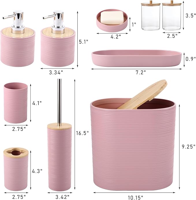 XLHOMO Pink Bathroom Set, Pink Bathroom Accessories Set with Trash Can, 2PCS Soap Dispensers, Soap Dish, Toothbrush Holder, Toothbrush Cup,Toilet Brush, Tray and Qtip Holders for Bathroom Decor