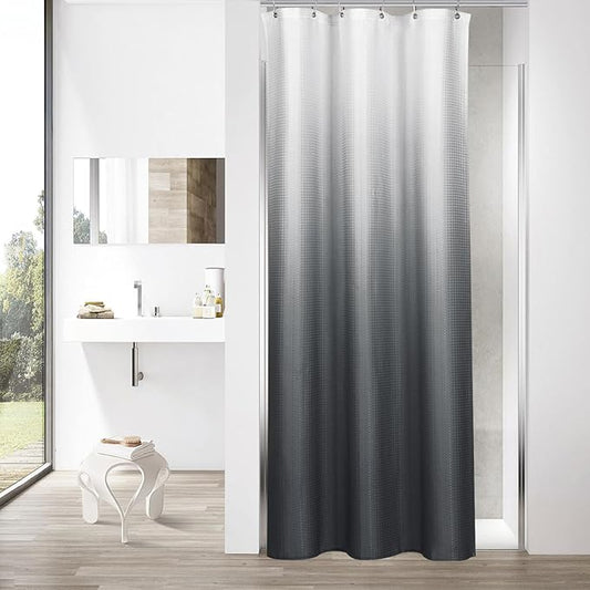 MitoVilla Grey Ombre Waffle Small Stall Shower Curtain 36 x 72, Half Size Fabric Narrow Shower Curtains for Bathroom Decor, 36 inch Weighted Shower Curtain Set with Plastic Hooks