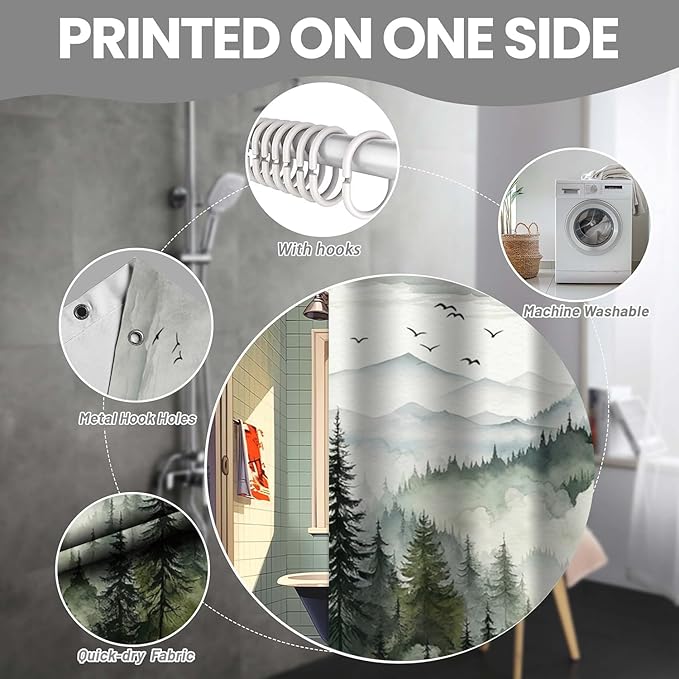 NBVKO 4Pcs Green Misty Forest Shower Curtain Set with 12 Hooks Non-Slip Rugs,Toilet Lid Cover and Bath Mat,Nature Tree Mountain Bathroom Decor for Hotel & Home Bathroom