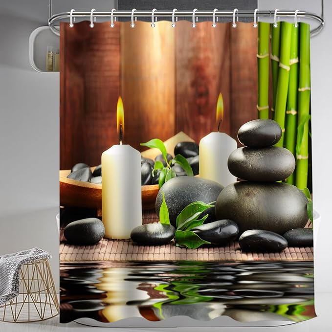 Lnond 4Pcs Spa Bathroom Shower Curtain Sets with Rugs, Stone Bamboo Bathroom Sets with Shower Curtain and Rugs and Accessories