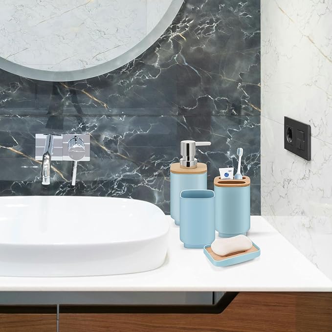 IMAVO Bathroom Accessories Set, Non-Slip Absorbent Blue Bathroom Rugs and Waterproof Shower Curtain with Hooks,Complete Bathroom Set for Bathroom Décor