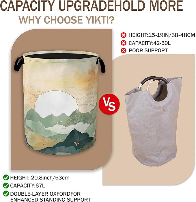 Laundry Hamper,Boho Sunrise Laundry Basket,Watercolor Green Mountain Portable Collapsible Laundry Room Organization Storage for Dorm Room,Nursery,Bathroom,Bedroom,16x20 Inch
