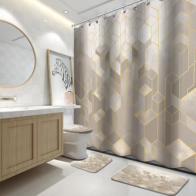 Lnond 4Pcs Bathroom Sets with Shower Curtain and Rugs, Beige Bathroom Shower Curtain Sets, Beige Gradient Modern Bathroom Sets with Rugs and Accessories