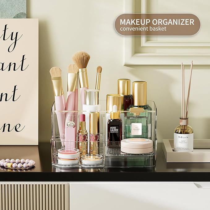 Clear Makeup Organizer Countertop ?€? 6 Compartments Cosmetic, Jewelry, Skincare & Perfume Organizer, Vanity and Bathroom Counter Organizer, Multi-Use Makeup Brush Holder