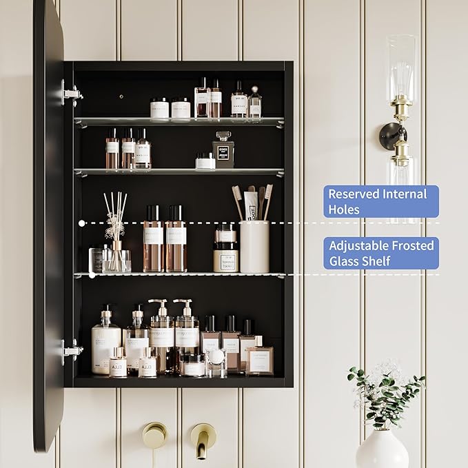 AGDULL Bathroom Wood Black Cabinet with 20''x30'' Curved Mirror, Recessed Medicine Cabinet, Bathroom Storage Cabinet
