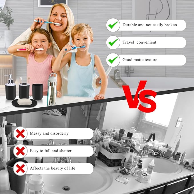 Matte Black Bathroom Accessories Set, 4-Piece Plastic Black Bathroom Organizer with Soap Dispenser, Toothbrush Holder, Rinse Cup & Soap Dish, Classic Black Bathroom Decor