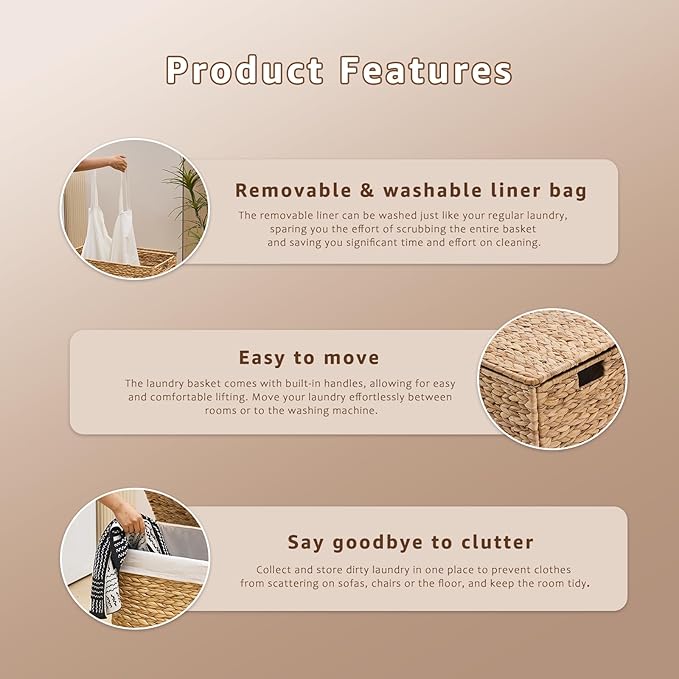 Handwoven Laundry Hamper with Lid, Natural Hyacinth Heightened Feet Laundry Basket, Wicker Clothes Hamper with Removable Liner Bag (Natural-A, 65L)