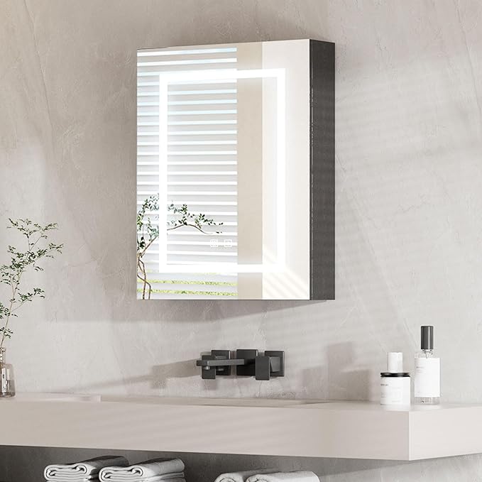 Black Medicine Cabinet with Led Lights,Lighted Medicine Cabinet with Mirror,Mirror Cabinet with 3 Storage Shelf Wall Mounted, Medicine Cabinet with Defogger,24x30Inch