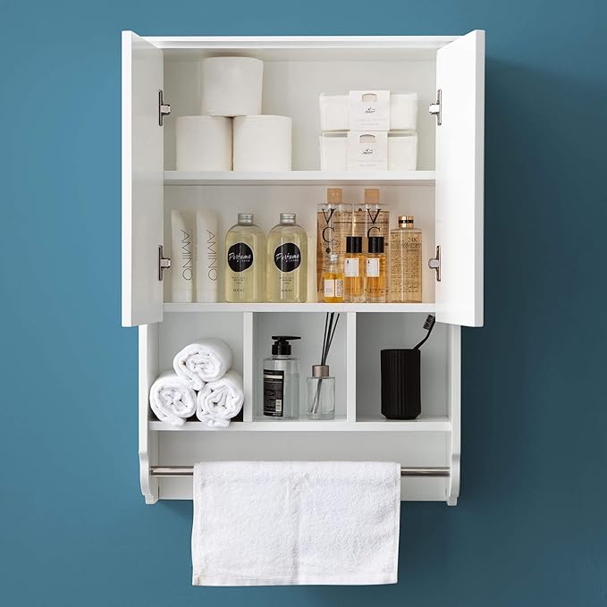 White Bathroom Wall Cabinet with Towel Bar,Wooden Medicine Cabinet Adjustable Shelves,23x32 Inch Kitchen Cabinet,Over Toilet Storage Cabinet for Bathroom,Kitchen,Laundry