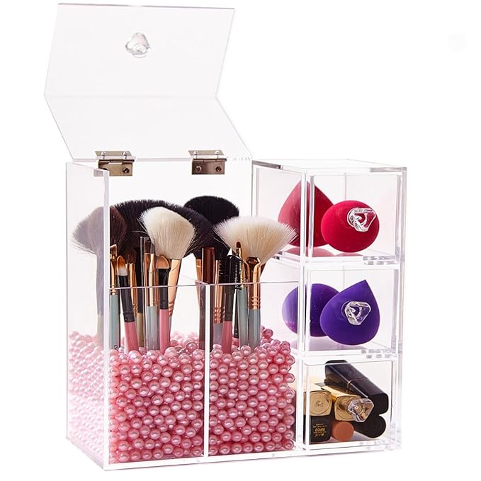 Clear Acrylic Covered Makeup Brush Holder with Dustproof Lid, 3 Drawers, Pearls Beads for Cosmetics Brushes Storage (Pink)