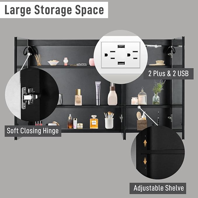 Karl home 48x28 Inch 3 Doors Bathroom Medicine Cabinet with LED Mirror, 3 Color Wall Mounted Dimmable Bathroom Cabinet with 3-Tier Storage Shelves, Anti-Fog, USB Charge, Black