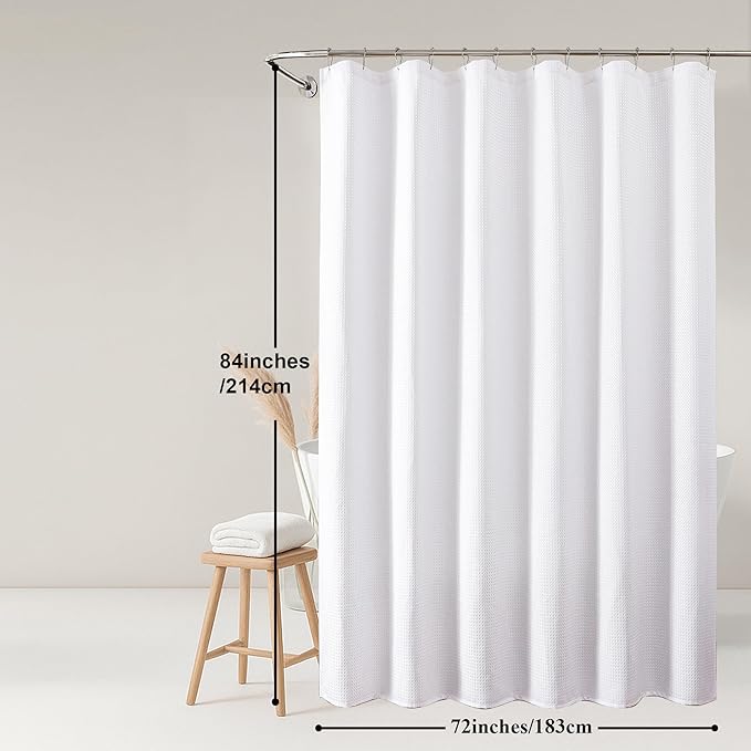 OWENIE White Shower Curtain 84 Inches Extra Long, Waffle Weave Heavy Fabric Shower Curtain for Bathroom, Waterproof Soft Hotel Spa Luxury Elegant Bath Curtains, Machine Washable, White, 72x84 Inch