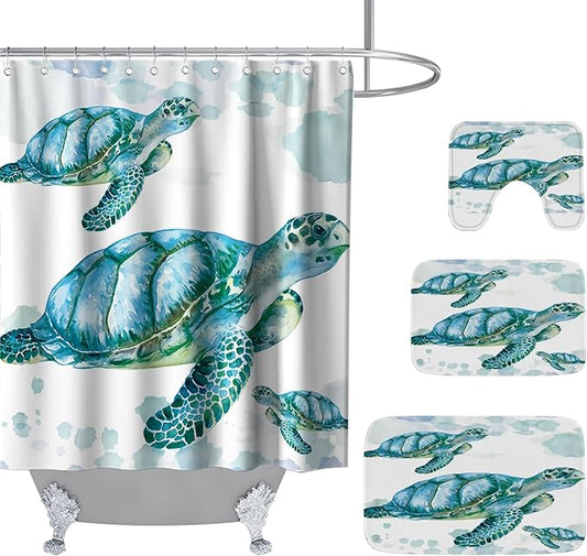 Beach Nautical Sea Turtle Bathroom Sets with Ocean Family Coral Shower Curtain and 20 x 31 Rugs Bathroom Accessories Sets Decor with Bath Rug, Bath Mat, U-Shaped Contour and Hooks 72 x 72 Inch Blue