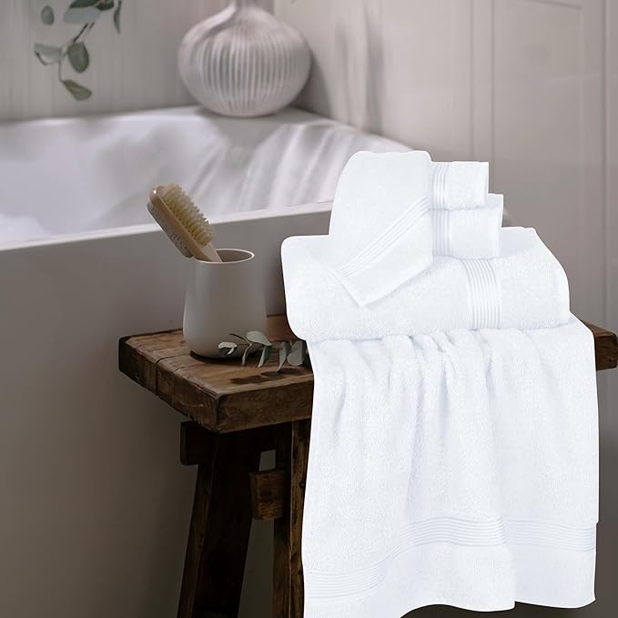 Elvana Home Ultra Soft 6 Pack Cotton Towel Set, Contains 2 Bath Towels 28x55 inch, 2 Hand Towels 16x24 inch & 2 Wash Coths 12x12 inch, Ideal Everyday use, Compact & Lightweight - White