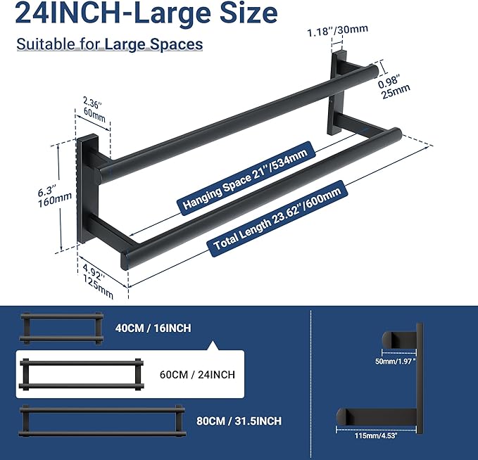 SAYAYO Double Towel Bar for Bathroom, 24 Inch Matte Black Bath Towel Rack Towel Holder Wall Mounted, SUS304 Stainless Steel
