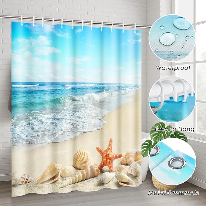 Britimes 4 Piece Shower Curtain Sets, with 12 Hooks, Ocean Summer Sea Starfish Seashell with Non-Slip Rugs, Toilet Lid Cover and Bath Mat for Bathroom Decor Set, 72" x 72"