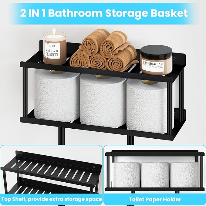 STWWO Bathroom Towel Storage Rack, Metal Towel Racks Wall Mounted Can Holds 5 Large Towels, 30.5IN Bathroom Towel Holder with Shelf & Storage Basket, Towel Organizer with 3 Hooks for RV, Apt, Black