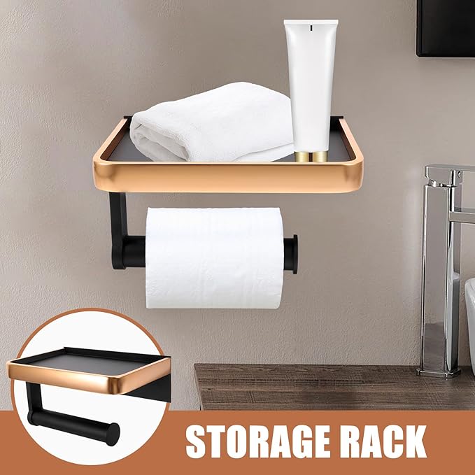 FRCOLOR Bathroom Storage Shelf Wall Mounted No-Drill Space-Saving Toilet Paper Holder with Phone Stand One-Layer Rack for Small Items Organizer