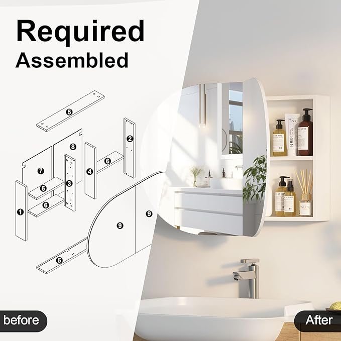 Oval Medicine Cabinet Mirror for Bathroom,White Medicine Cabinet with Mirror, Oval Mirror Cabinet Wall Mounted with 3 Storage,2 Doors,38x24Inch