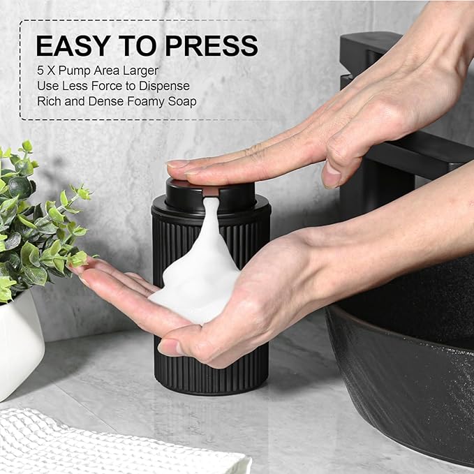 KASUNTING Matte Black Foaming Soap Dispenser, 2 Pack Ribbed Glass Foam Hand Soap Dispenser for Bathroom, Refillable Foaming Pump Bottle with Black Pump, Modern Dish Soap Foam Dispenser