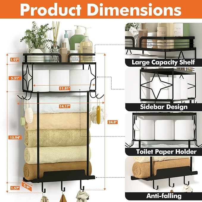 Towel Racks for Bathroom 23.8 Inch Wall Mounted Towel Rack with Shelf, Small Bathroom Towel Storage Holds 3–6 Large Rolled Towels, Metal Wall Towel Rack, Black