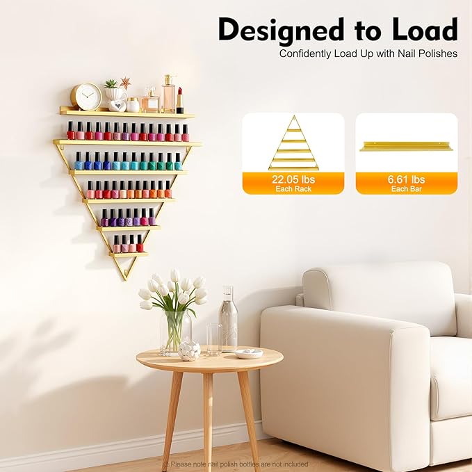 10PCS Nail Polish Racks, 5 Tiers Triangular Nail Polish Racks, Nail Polish Shelf for Wall Cosmetics Display Racks for Perfume Lipstick Essential Oil Organize for Salons Beauty Shops (Gold)