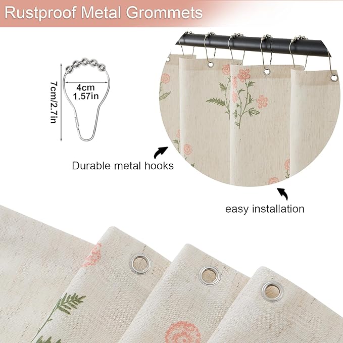 ORTIGIA Linen Shower Curtain Farmhouse Vintage Pink Green Floral Shower Curtains Boho Rustic Block Print Cottagecore Decor for Bathroom 72 W x 72 L