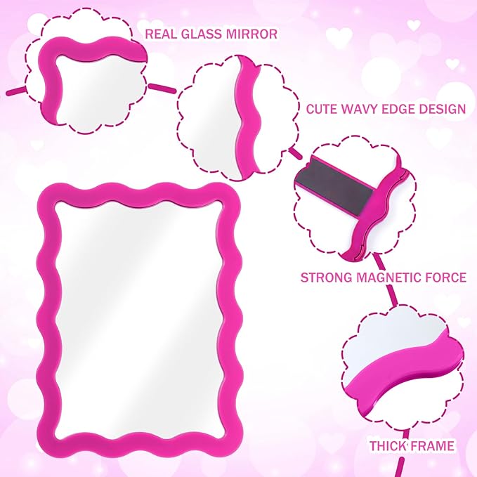 Leinuosen 1 Pcs Scalloped Magnetic Locker Mirror Small Real Glass Makeup Mirror with Magnetic Backing Cute Locker Decorations for Office Cabinet Lockers Accessories (5 x 7 Inch,Rose Red)