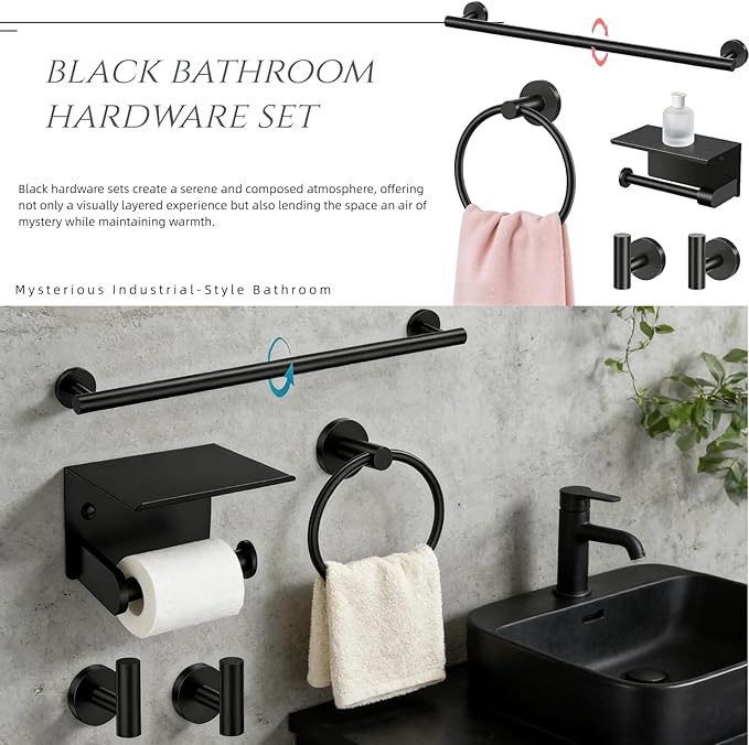 5Pcs Bathroom Hardware Accessories, 24 Inch Matte Black Bath Towel Bar Set, Toilet Paper Holder with Shelf, Stainless Steel Wall Mounted Towel Rack Set, Center Section Removable