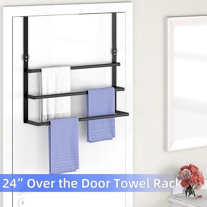 Over The Door Towel Rack, Over Door Towel Racks for Bathroom Door, 3 Tier Towel Storage Hanger Holder for Bathroom Accessories, 24 Inch Towel Bar for Hanging Towels, Black
