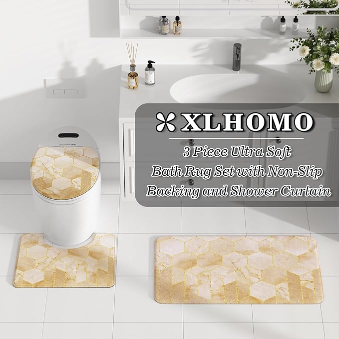 XLHOMO Bathroom Sets with Shower Curtain and Rugs - 4PC Beige Geometric Shower Curtain Set with 12 Hooks, Toilet Cover, U-Shaped Mat and Rugs Modern Abstract Bathroom Accessories for Bathroom