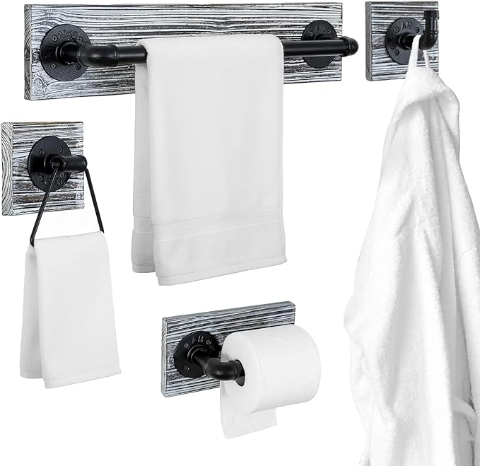 MyGift 4 Piece Wall Mounted Bathroom Hardware Set, Rustic Torched Wood and Industrial Matte Black Metal Pipe Towel Ring, Robe Hook, Toilet Paper Holder and Towel Bar
