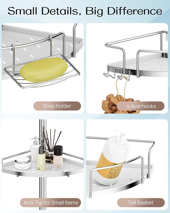 ALLZONE Corner Shower Caddy Tension Pole, 4 Hang-On Basket with Mixed-Height Shelves for Various Bottle Sizes, Extra Hooks & Soap Holder, Rustproof Stainless Steel, Fits 34–116 Inch, Silver/White