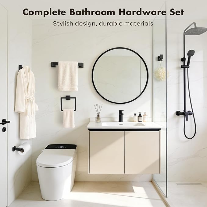 Bathroom Accessories Towel Bar Set: 15 Pieces Matte Black Bathroom Hardware Square SUS304 Stainless Steel - Wall Mounted Towel Rack&Toilet Paper Holder&Towel Ring and Towel Hook