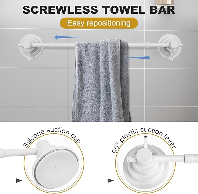 Suction Cup Towel Bar for Shower, 15.75''-25.6'' Adjustable Stainless Steel Towel Holder, Heavy Duty Suction Towel Rack with Powerful Vacuum Adsorption for Bathroom, Kitchen, RV, and Renters (White)