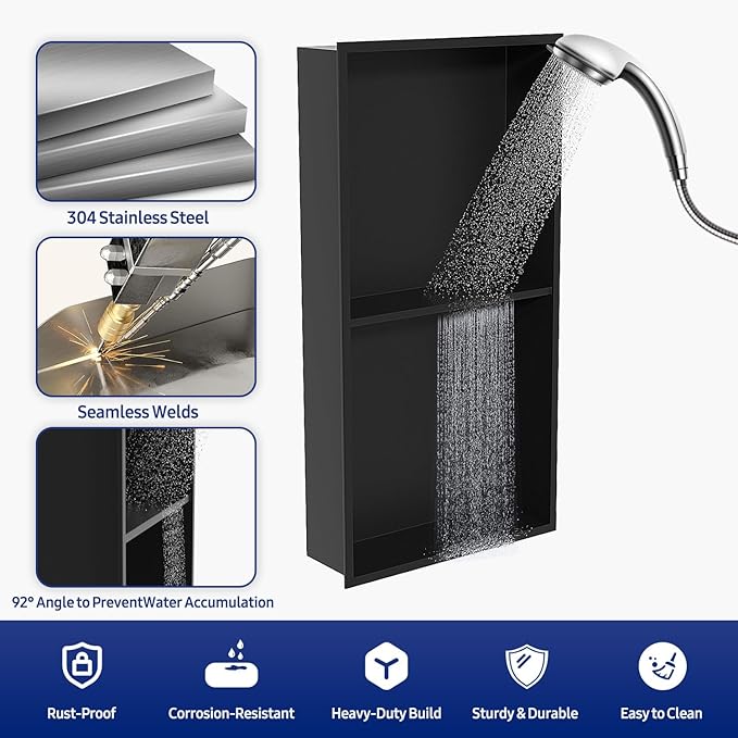 NLShan Shower Niche No Tile Needed: Recessed and Stainless Steel Wall Niche with Double Shelves - Easy Installation for Shower Storage.