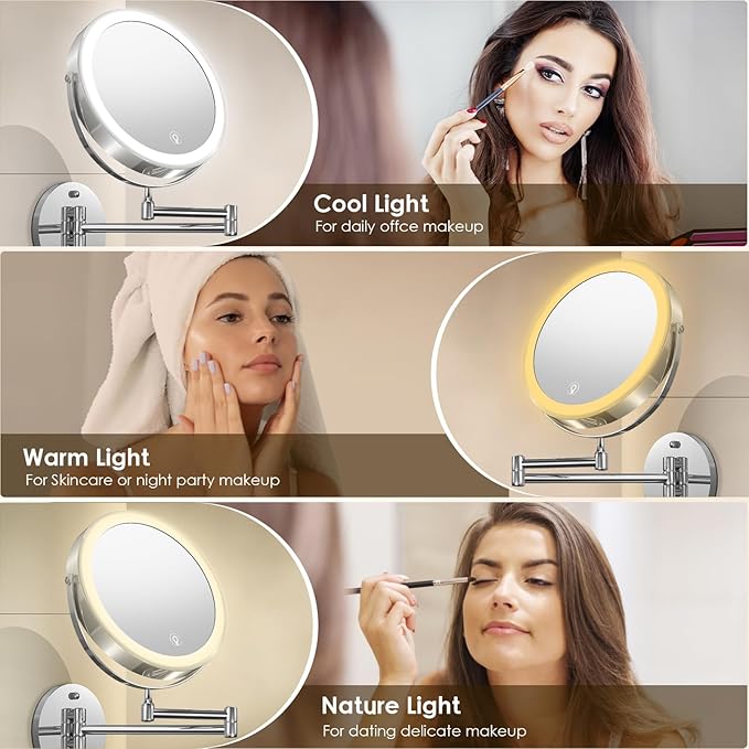 MNIENT Wall Mounted Lighted Makeup Mirror, 8" Rechargeable Double-Sided Light up Magnifying Mirror 1x/10x, 3 Colors Led Vanity Mirror with Lights, Touch Dimmable 360° Rotation Foldable