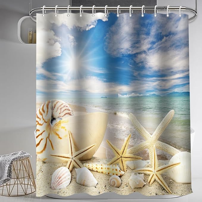 Lnond 4Pcs Summer Beach Shower Curtain Sets with Rugs, Starfish Shells Bathroom Sets with Shower Curtain and Rugs and Accessories
