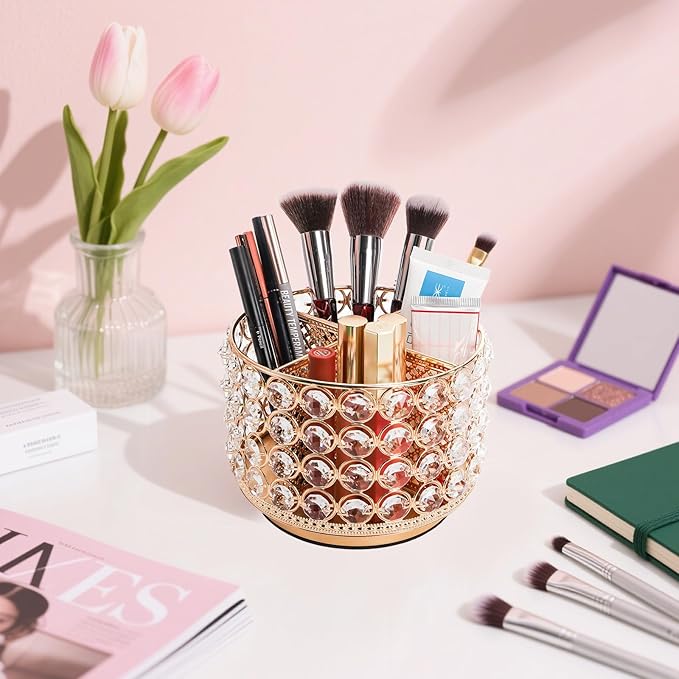 Hedume Crystal Vanity Organizer with 4 Compartments, 360 Degree Rotating Makeup Brush Holder, 4-Slot Glitter Gold Spinning Cosmetic Brushes Display Multi-Functional Desk Organizer Home Decor