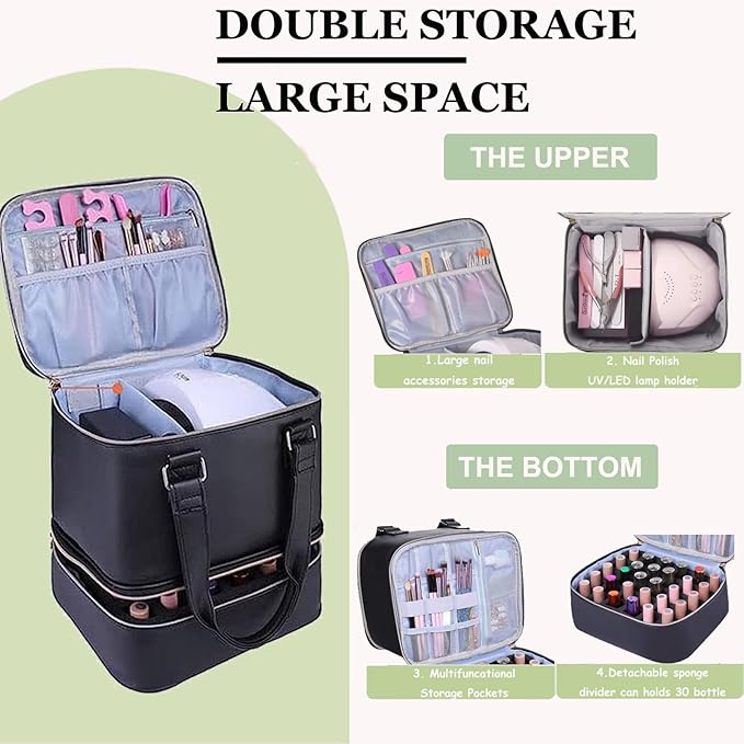 FCQQYWZ Nail Polish Organizer Case Hold 30+ Bottles (15ml/0.5 fl.oz) and a Nail Lamp, Double-Layer Nail Case Bag Nail Polish Organizer Bag, Nail Supply Organizers and Storage for Nail Tech (BLACK)