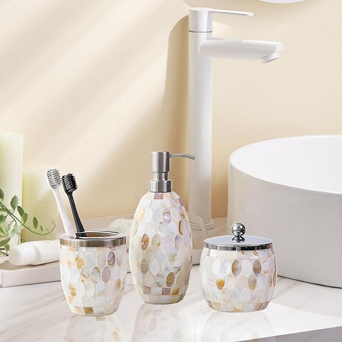 Escenzy Natural Shell Bathroom Accessories Sets 3 Pcs | Luxurious Glass Soap Dispenser, Toothbrush Holder, Cotton Jar | Modern Decor Bling Mosaic Glass Decorative Bathroom Accessories