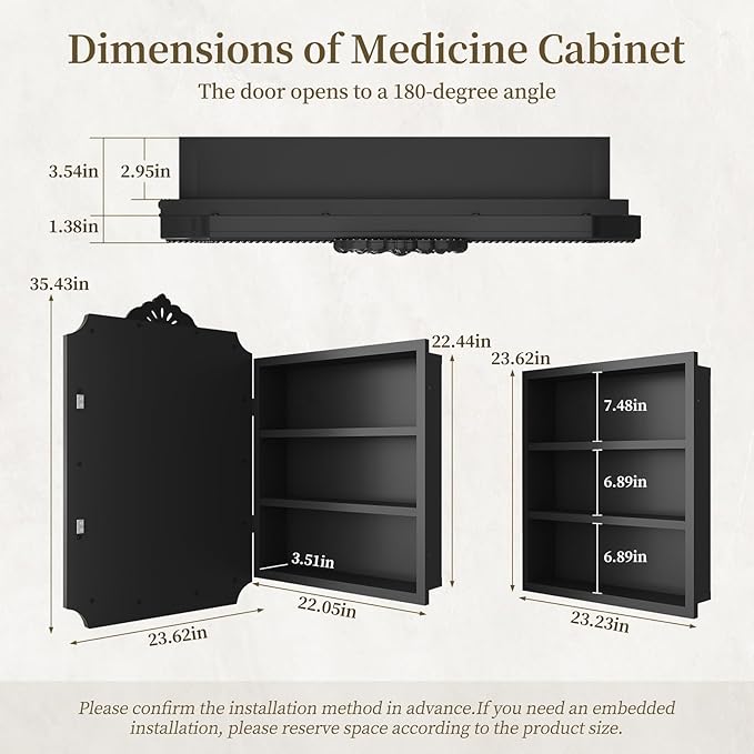 24x36 Inch Medicine Cabinets for Bathroom, Medicine Cabinet Mirror with Storage, Recessed or Surface Mount Medicine Cabinet Mirror，All-Metal Frame, Sturdy & Heavy Shelves, Easy Assembly（Black）
