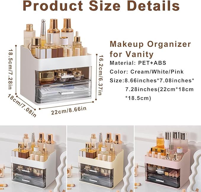Makeup Organizer with Sliding Drawers,2-Layer Acrylic Cosmetic Storage Box with Divider Top,Vanity Table Skincare Display Case for Bathroom Bedroom
