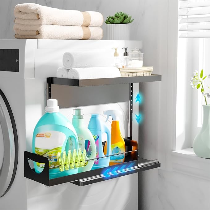 Heavy-Duty Magnetic Shelf With Pull-Out Drawers for Washing Machines, Dryers and Fridge; Height-adjustable Magnetic Shelf, Ideal for Storage in Laundry Rooms, Kitchens, and Living Rooms (Black)