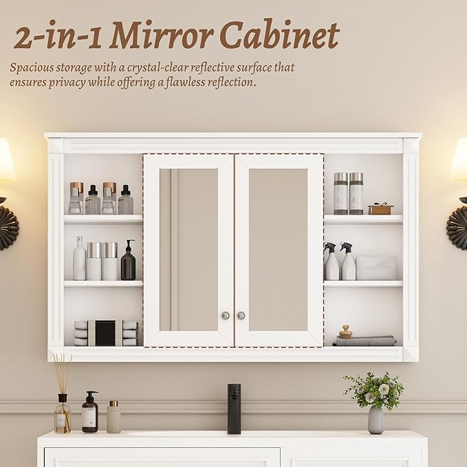 Merax Bathroom Medicine Cabinet with Mirror Door & Adjustable Shelf, 48" x 28" Wall Mounted Bathroom Storage Cabinet with Mirror, Over The Toilet