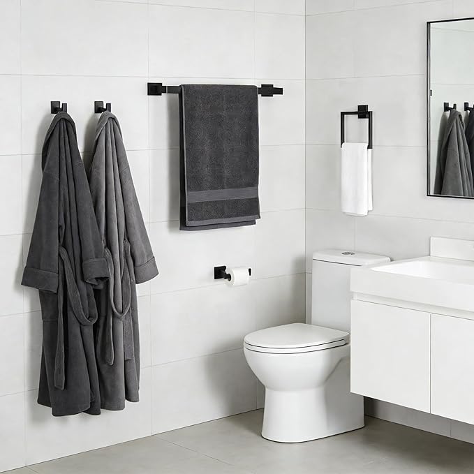 5-Pieces Wall Mount Bathroom Accessories Bathroom Hardware Set,23.6 Inch Stainless Steel Waterproof Towel Bars,Toilet Paper Holder with Shelf,Towel Ring,Coat Hook,Matte Black 5PC - Rectangle