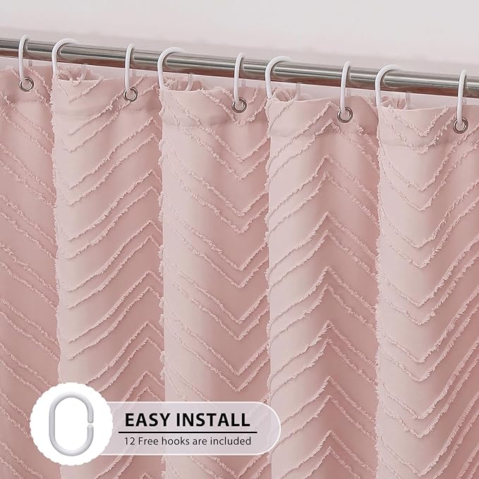 OVZME Long Blush Pink Shower Curtain for Bathroom 84 Inch Length, Farmhouse Tufted Chevron Striped Textured Modern Boho Soft Fabric Bathroom Shower Curtain, 72Wx84L Inches