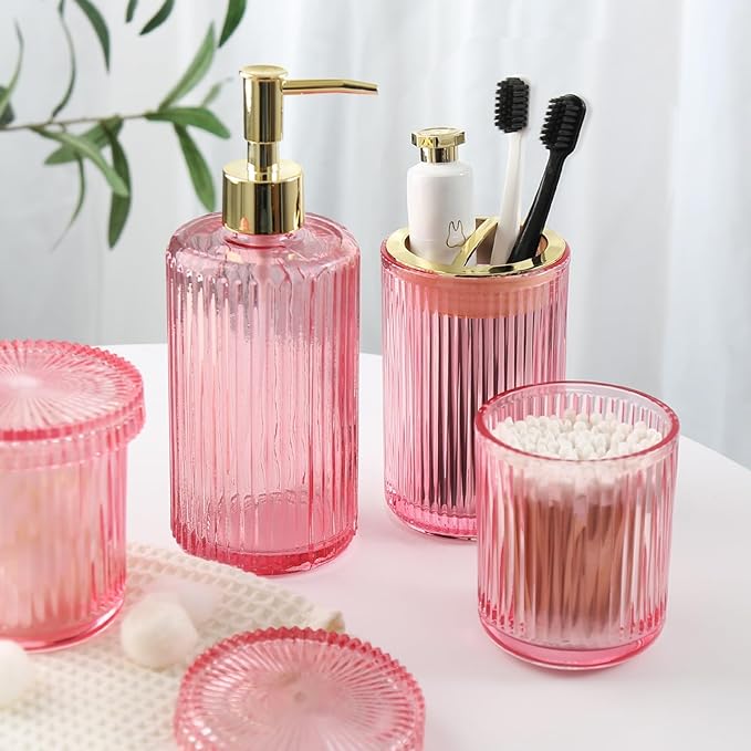 RYTOXILO Pink Bathroom Accessories Set, Pink Bathroom Decor Accessory Sets Complete, 4 Pack Ribbed Grils Soap Dispenser and Toothbrush Holder Set with 2 Qtip Holders, Girly Bath Counter Essentials