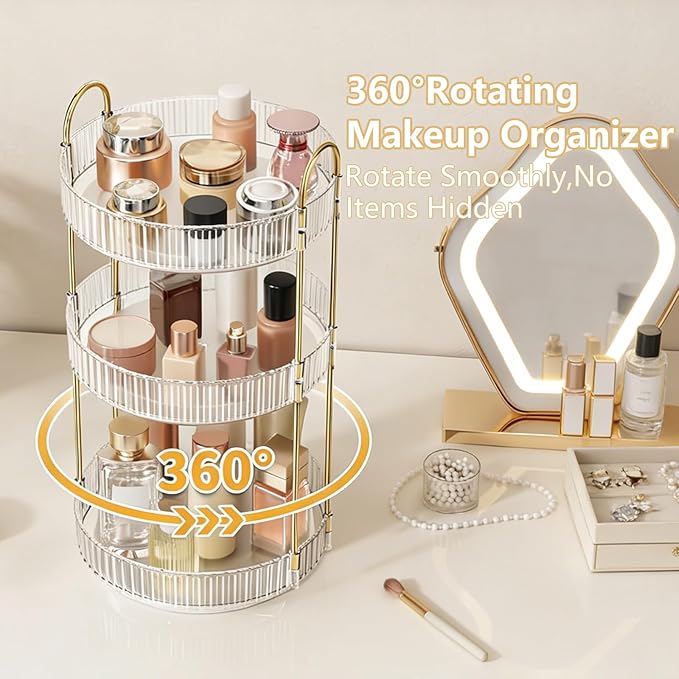 360° Rotating Makeup Organizer, 3 Tier Large Capacity Perfume Storage, Spinning Cosmetic Holder for Vanity Dresser, Skincare Display Stand for Bathroom Countertop